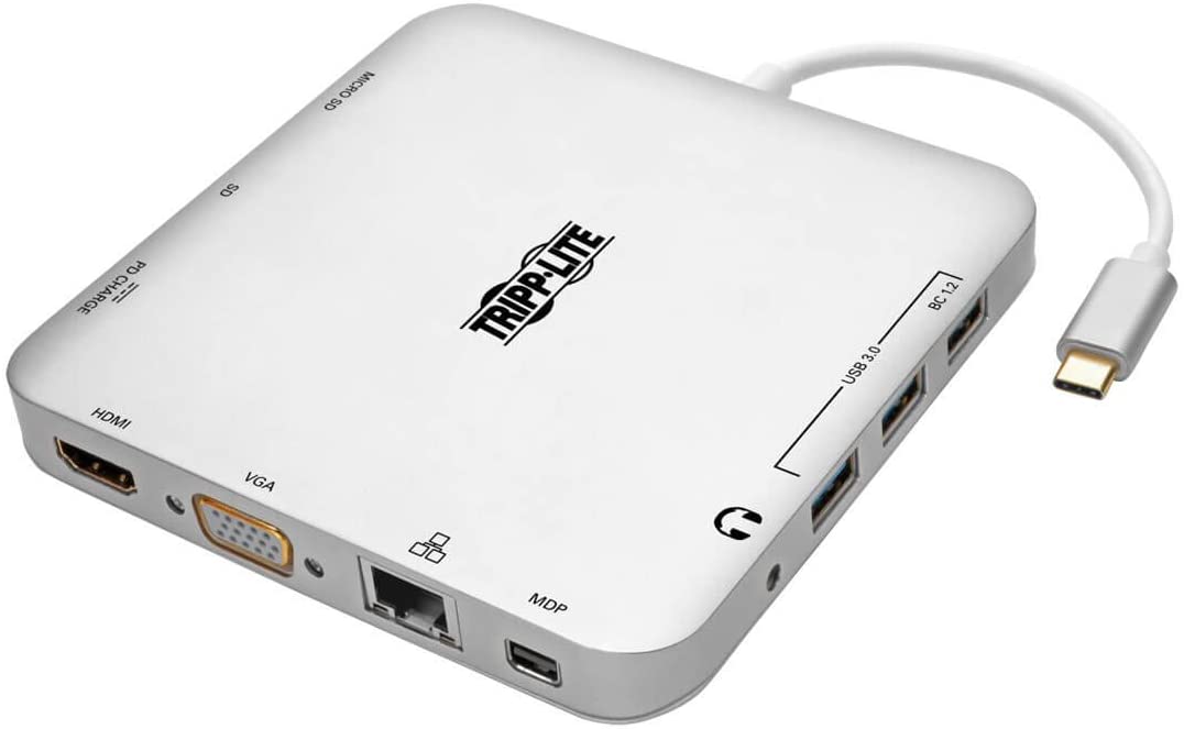 Tripp Lite U442-DOCK2-S USB C Docking Station with USB Hub mDP HDMI VGA GbE PD Charging 4K 30Hz Thunderbolt 3 Silver