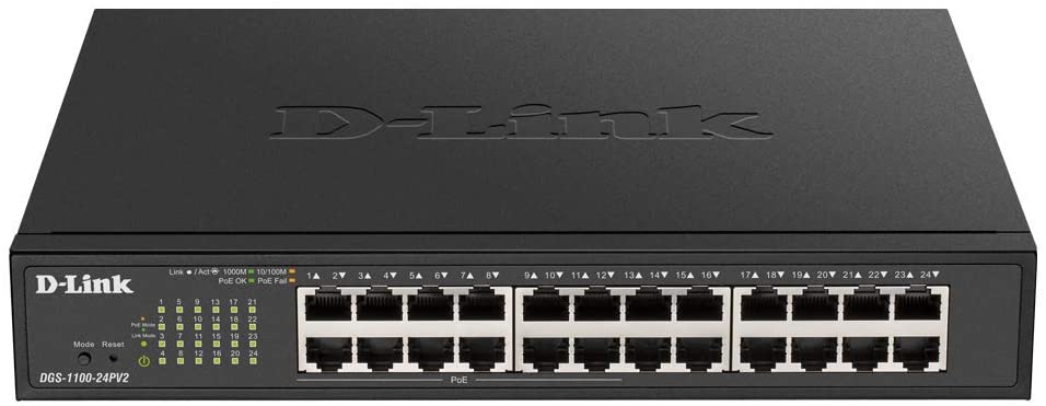 D-Link DGS-1100-24PV2, 24-Port Gigabit Smart Switch, PoE, Power Over Ethernet, Web Management, Layer 2, VLAN, Fanless, IGMP Snooping, VoIP VLAN, QoS, Network Security, Rack Mount, Fanless