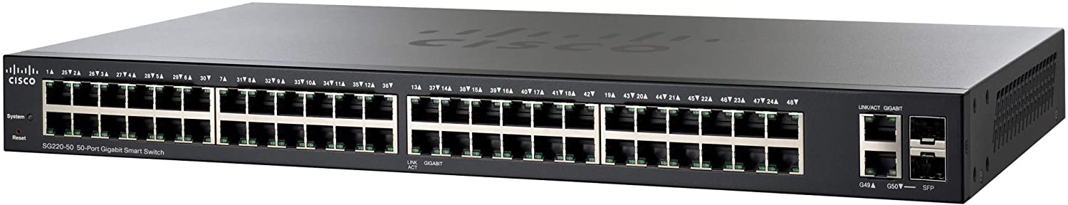 Cisco SG220-50 Smart Switch with 50 Gigabit Ethernet (GbE) Ports with 2 Gigabit Ethernet Mini-GBIC SFP Combo, Limited Lifetime Protection (SG220-50-K9-NA)