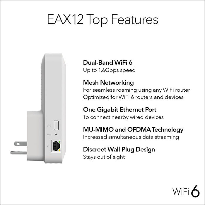 NETGEAR WiFi 6 Mesh Range Extender with AX1600 Dual-Band Wireless Signal Booster & Repeater, Smart Roaming (EAX12)