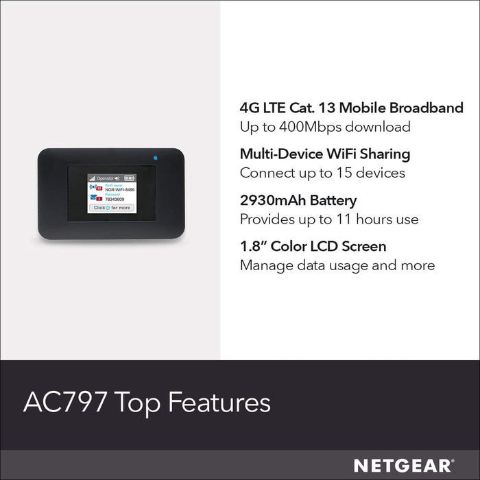 Netgear Mobile Wi-Fi Hotspot, 4G LTE Router (AC797-100NAS)