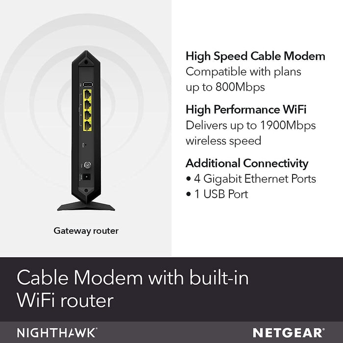 NETGEAR Nighthawk Cable Modem WiFi Router Combo-Compatible with Cable Providers Including Xfinity by Comcast, Spectrum, Cox for Cable Plans Up to 800Mbps AC1900 WiFi Speed (C7000)
