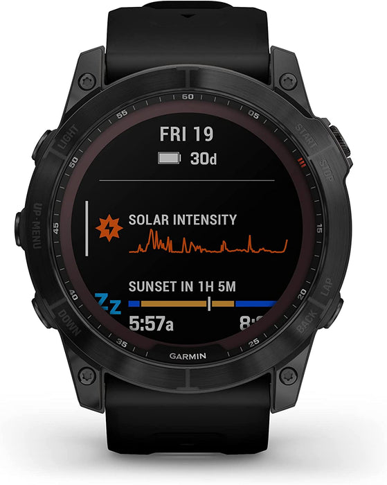 Garmin fenix 7X Sapphire Solar, Larger sized adventure smartwatch, with Solar Charging Capabilities, rugged outdoor watch with GPS, touchscreen, wellness features, black DLC titanium with black band (010-02541-22)