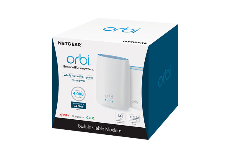 NETGEAR Orbi Built-in-Modem Whole Home Mesh WiFi System with all-in-one cable modem and WiFi router and single satellite extender (CBK40)
