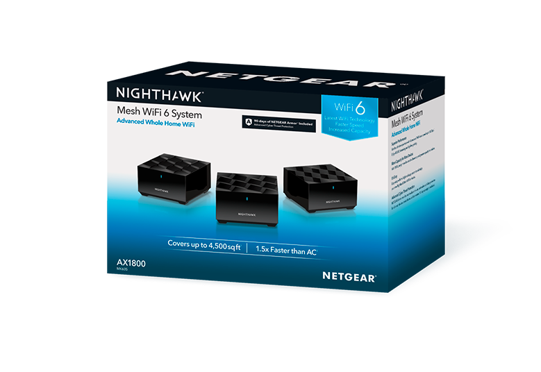 Nighthawk Dual-Band WiFi 6 Mesh System with 90 days of NETGEAR Armor included, Router + 2 Satellites (MK63S)