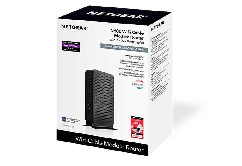 NETGEAR DOCSIS® 3.0 600Mbps Two-in-one Cable Modem + WiFi Router (C3700-100NAS)