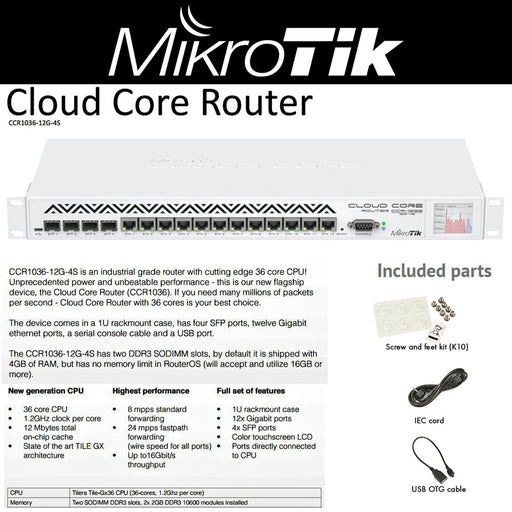 MikroTik CCR1036-12G-4S Cloud Core Router Gx36 4GB 4XSFP 12xGb